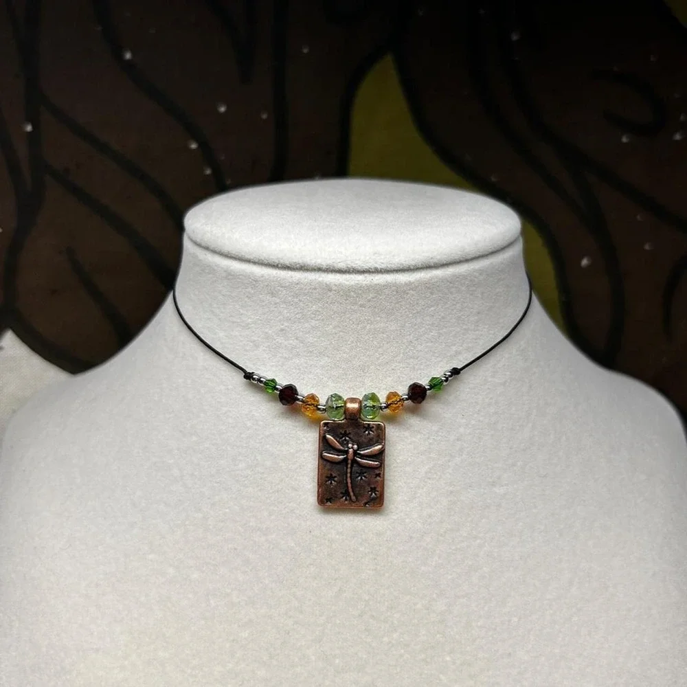 Earthy dragonfly czech glass stainless steel adjustable necklace boho cottage